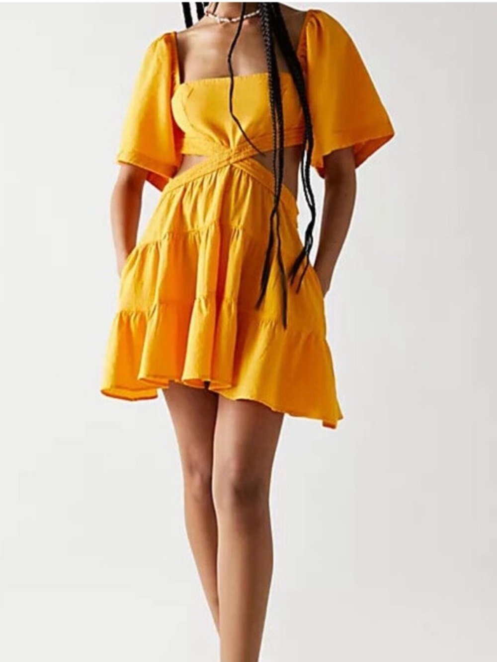 Free People linen/ cotton blend cross of sunlight mini dress yellow large
